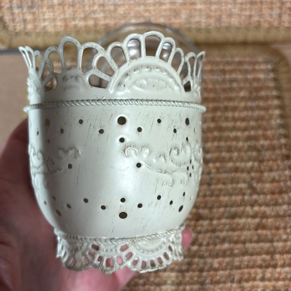 Shabby Chic Metal Candle Holder distressed ivory lace pedestal, glass votive cup
